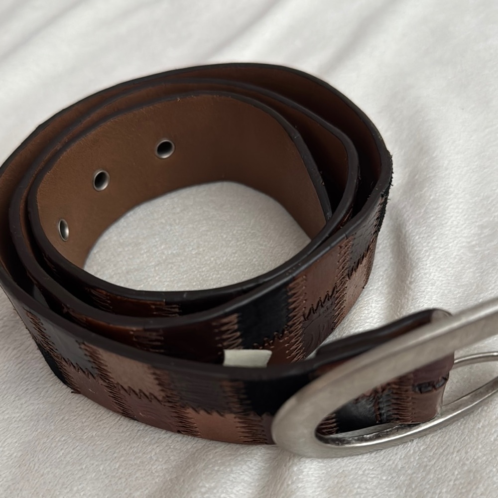 Vintage Fossil patch work genuine Leather Belt with Silver Buckle - Picture 4 of 13